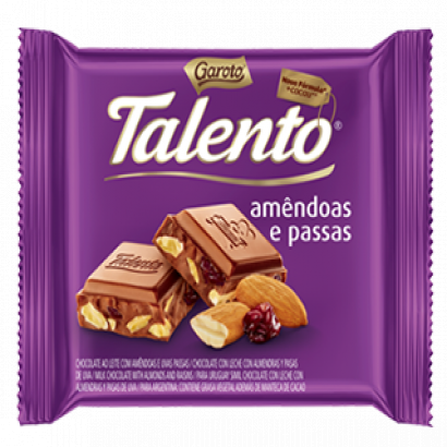 Talento Chocolate ao Leite c/ Amêndoas e Passas 90g